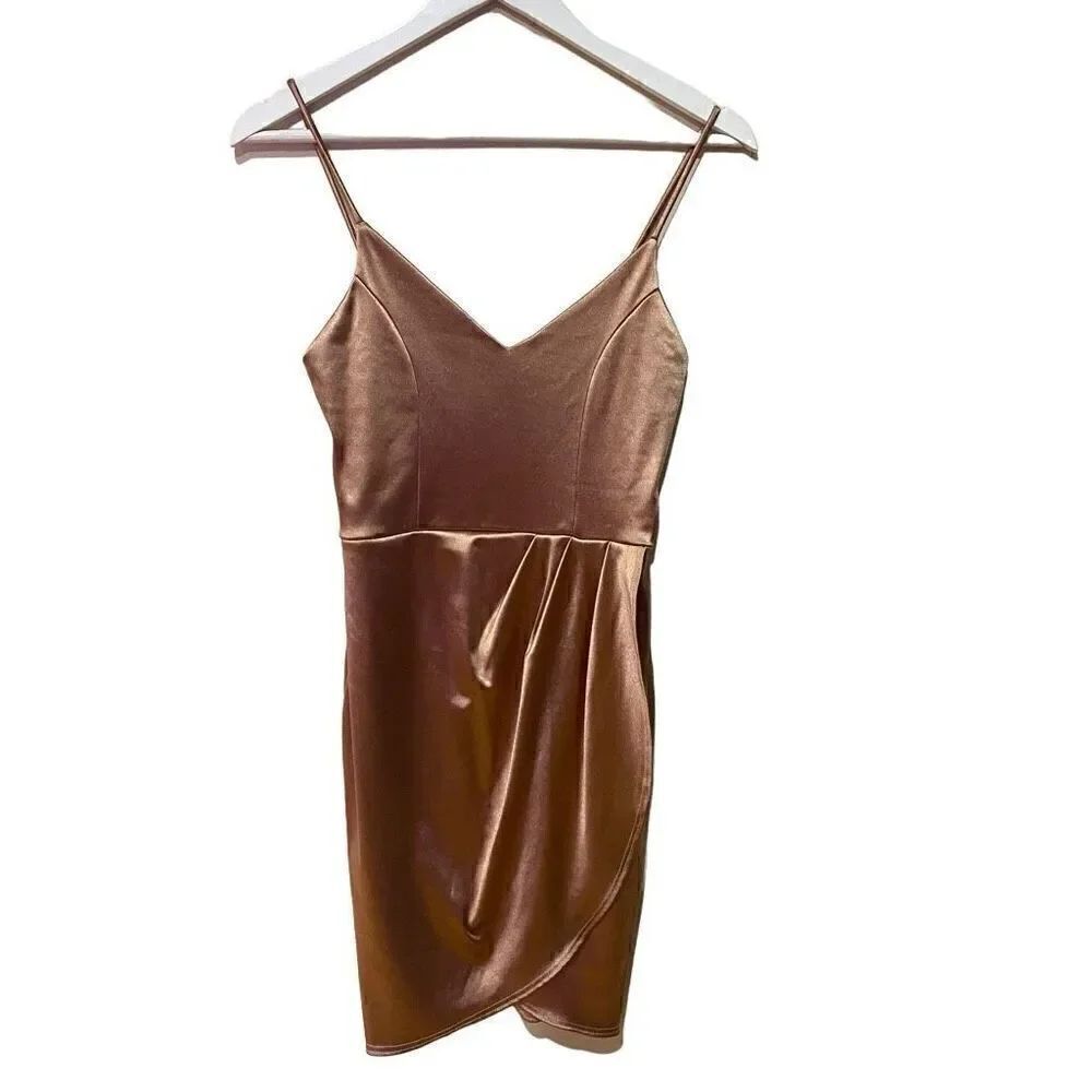 Lulus Rose Gold Metallic Bodycon Dress Small Faux Wrap Formal Y2K Glam